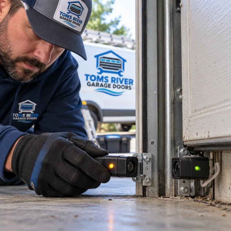 Garage door safety sensor pair near the floor with one sensor slightly misaligned