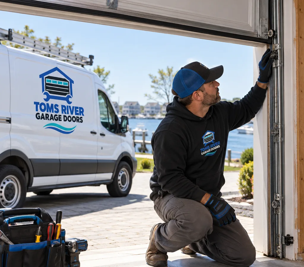 Contractor checking the track alignment and rollers on a residential sectional garage door in Toms River