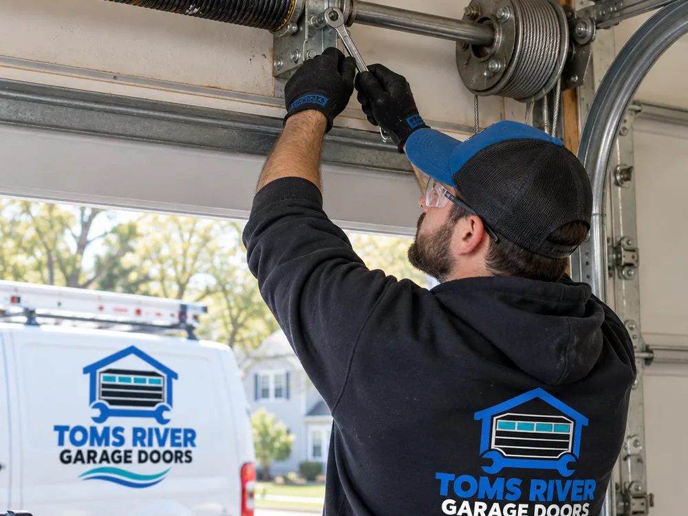Garage door torsion spring, center bearing plate, and lift cable drum showing common inspection points