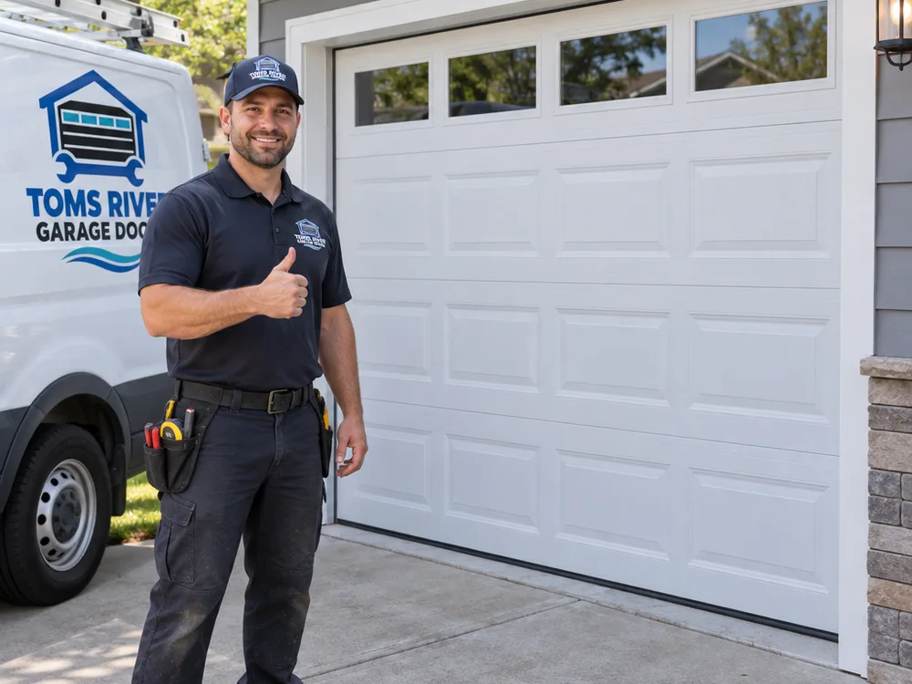 Residential garage door aligned evenly in its opening with straight vertical tracks