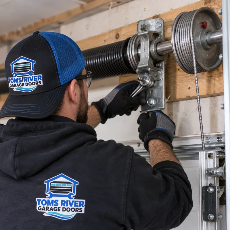 Torsion spring assembly above a garage door showing the center bearing plate, drums, and cable routing