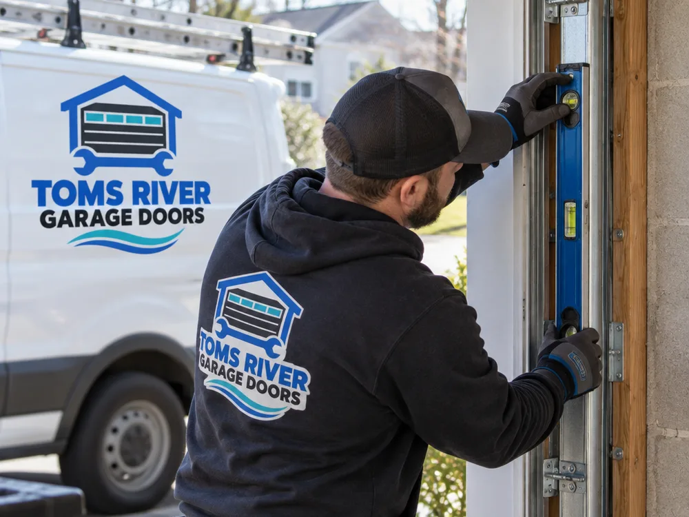 Contractor installing vertical garage door tracks and checking plumb with a level at the jamb