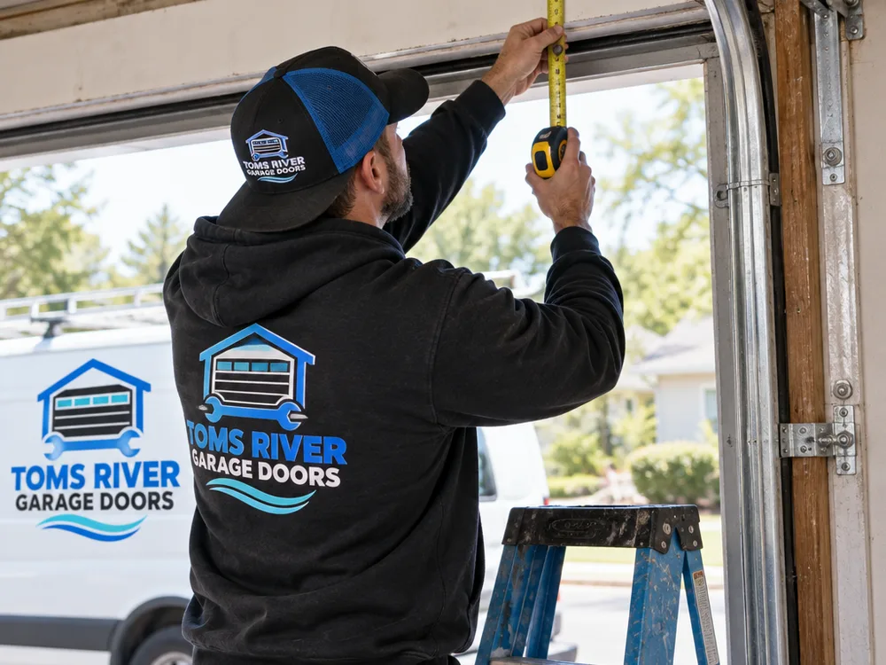 Contractor measuring a garage door opening and checking headroom above the header before installing new tracks