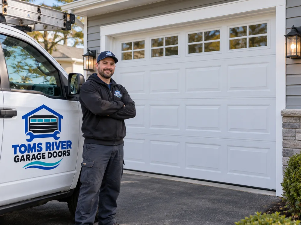 Finished residential sectional garage door with clean perimeter trim and a bottom seal sitting flush on the slab