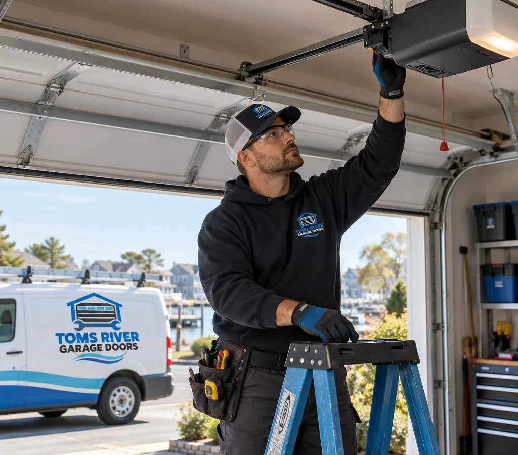 Residential garage door partially open while a contractor inspects the overhead opener unit and rail