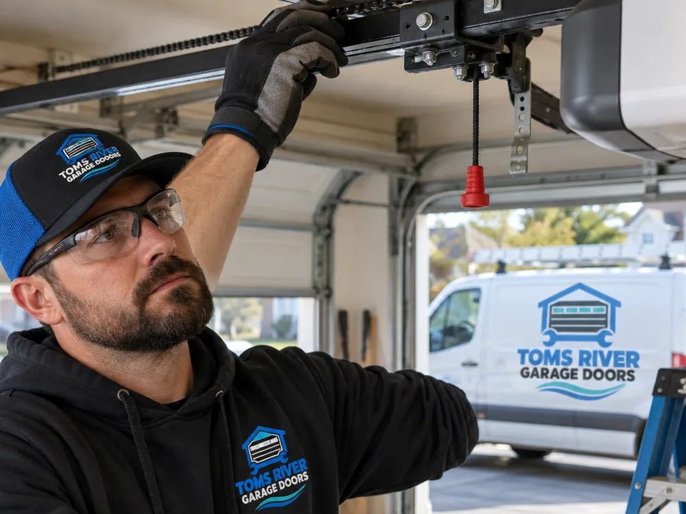 Contractor checking garage door opener trolley, rail, chain or belt tension, and mounting points