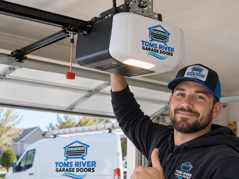 New belt-drive garage door opener with clean wiring and a properly supported header bracket