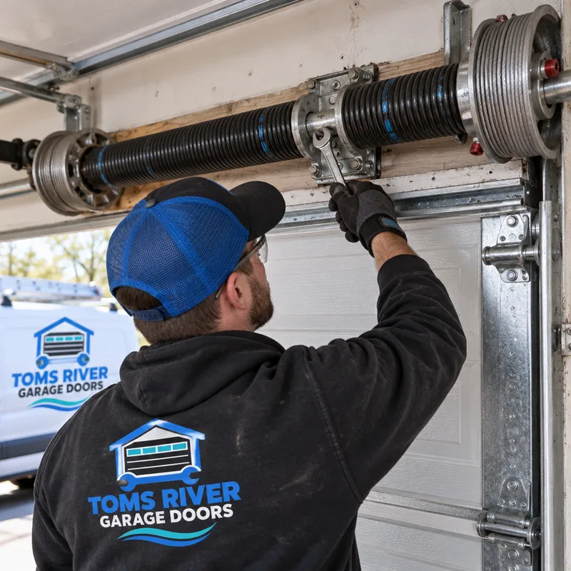 Close-up of torsion spring system above a garage door with center bearing plate and cable drums visible