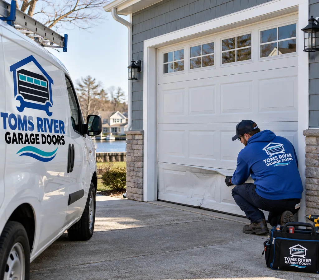 Residential garage door in a driveway with visible damage on a lower section