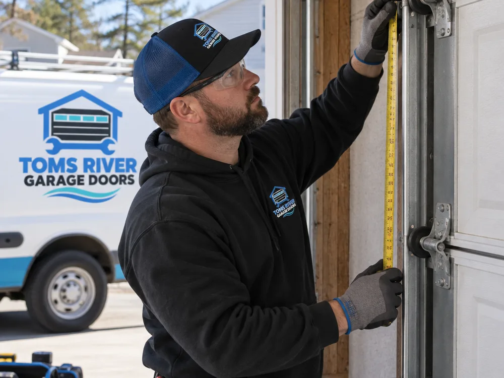 Contractor measuring a garage door opening and inspecting track alignment near the vertical track and rollers