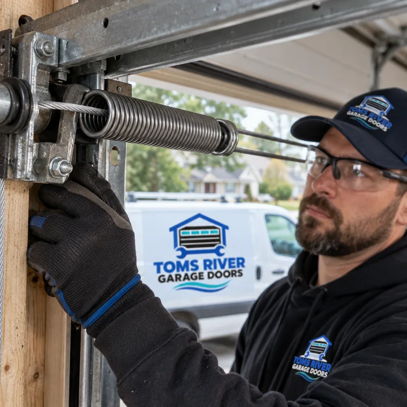 Extension spring beside a horizontal garage door track with a safety cable running through it