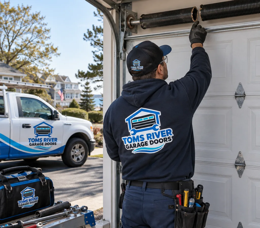 Residential garage door with a visibly separated torsion spring coil above the door