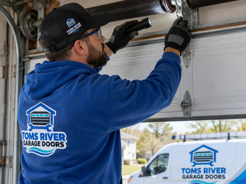 Contractor inspecting a torsion spring gap and center bearing plate above a closed garage door