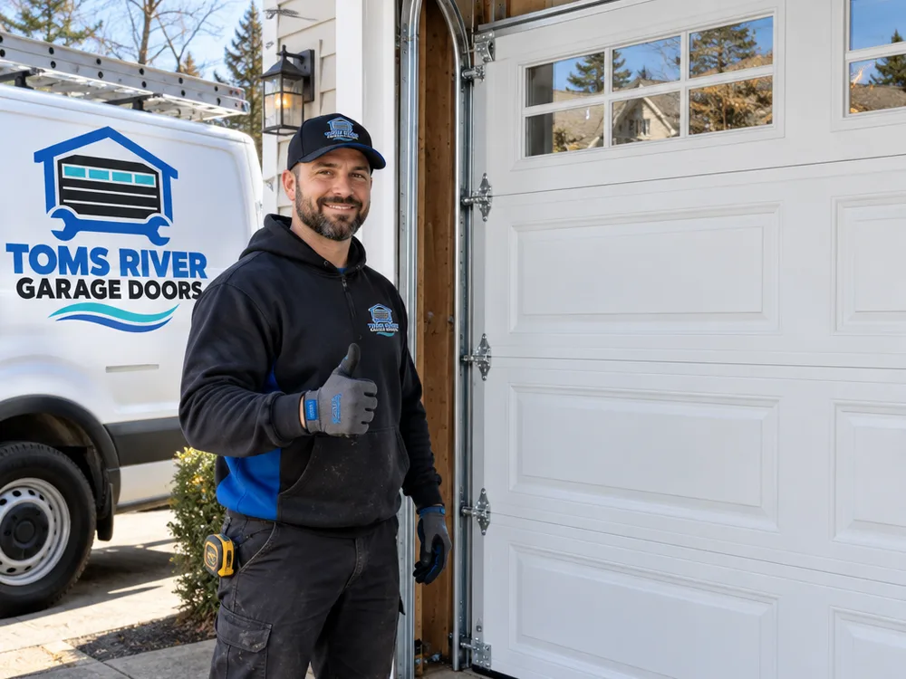 Garage door aligned evenly with cables seated on the drums and rollers tracking smoothly