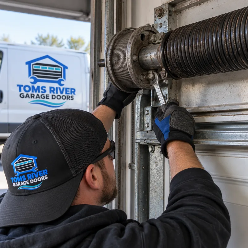 Torsion spring and barrel assembly above a commercial roll-up door with visible shaft component wear