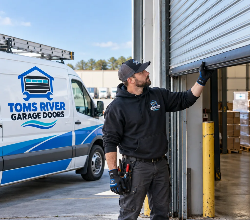 Contractor inspecting the curtain and bottom bar of a partially open commercial roll-up door at a warehouse dock
