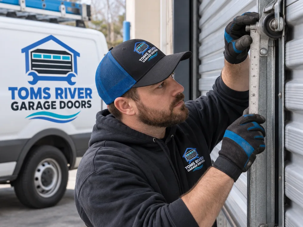 Contractor measuring guide alignment and checking guide wear on a commercial rolling steel door