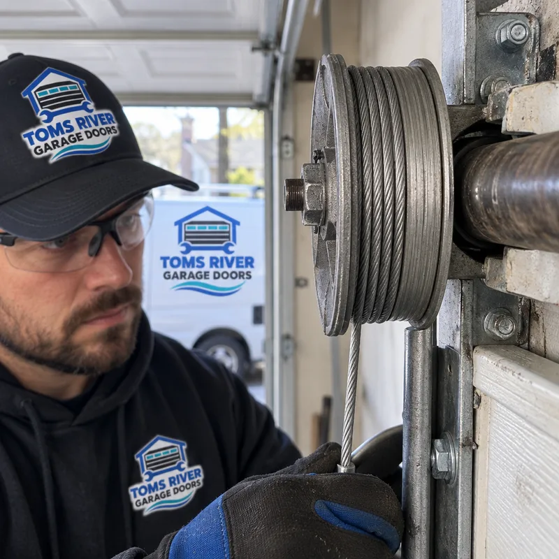 Garage door cable correctly seated on a drum at the end of a torsion shaft
