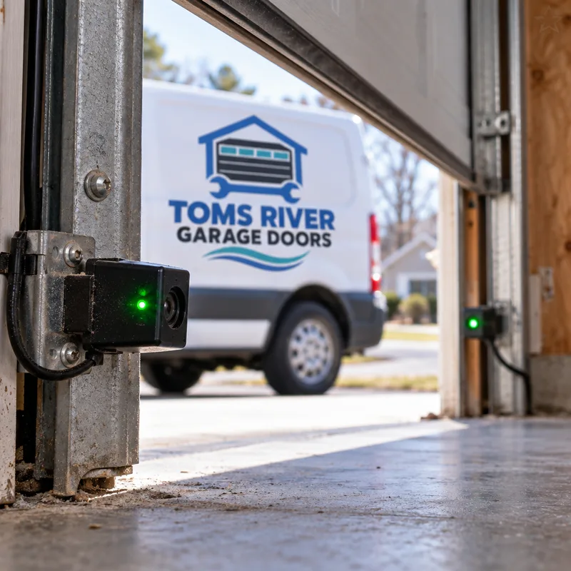 Aligned garage door photo-eye sensor pair near the floor with indicator lights