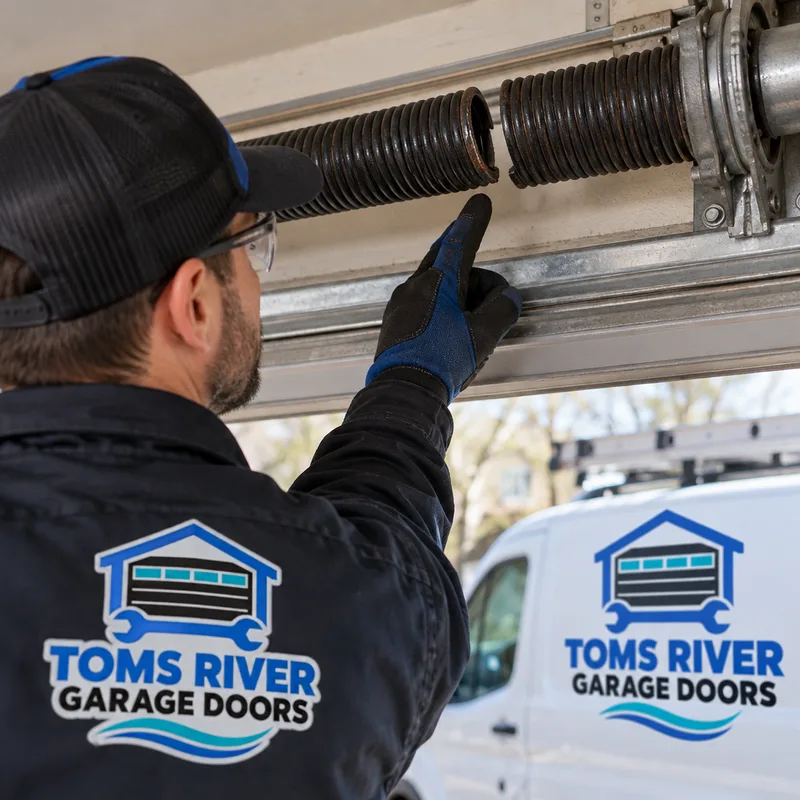 Broken torsion spring with a separated coil above a garage door