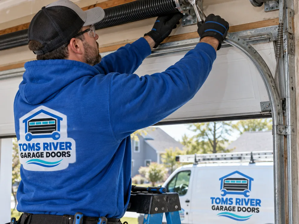Contractor inspecting a torsion spring, cable drum, and center bearing plate above a residential garage door