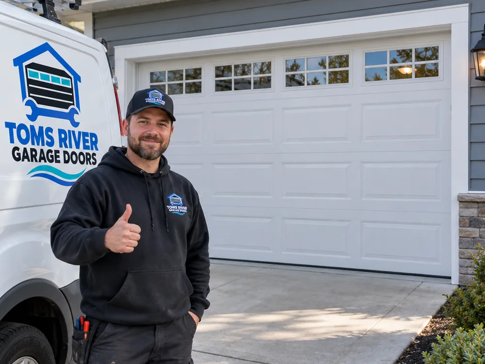Residential sectional garage door fully closed and aligned after repair