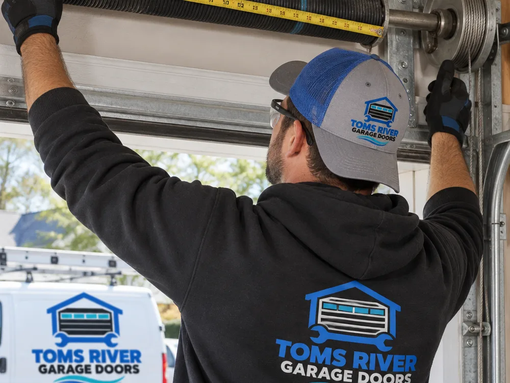 Contractor measuring a torsion spring and inspecting cable drums and lift cables above a garage door