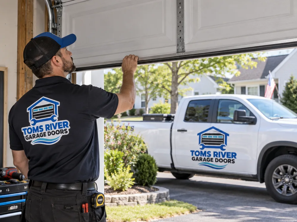 Garage door halfway open without an opener attached, demonstrating balanced mid-travel position