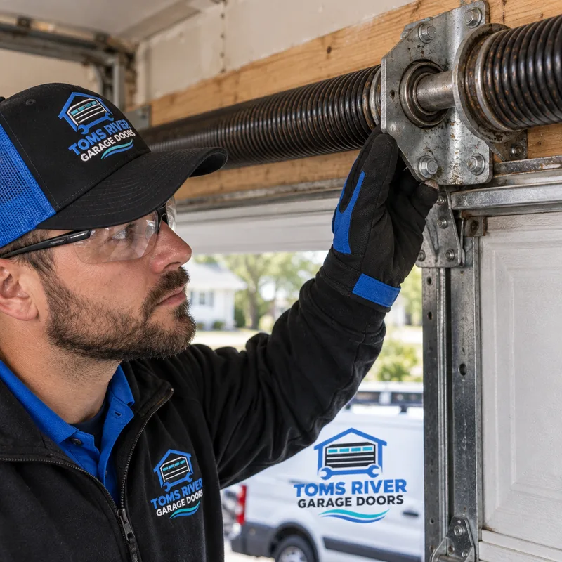 Garage door torsion spring and center bearing plate being inspected for balance and smooth travel