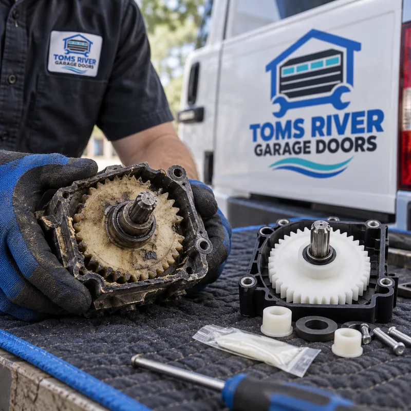 Worn garage door opener drive gear and sprocket assembly beside a replacement gear kit on a work mat