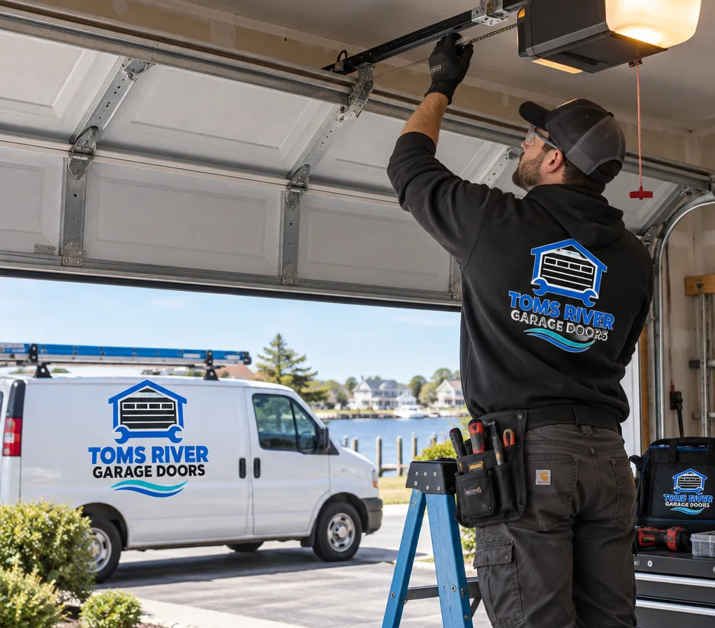 Residential garage door partially open while a contractor safely inspects the illuminated opener and rail from a ladder