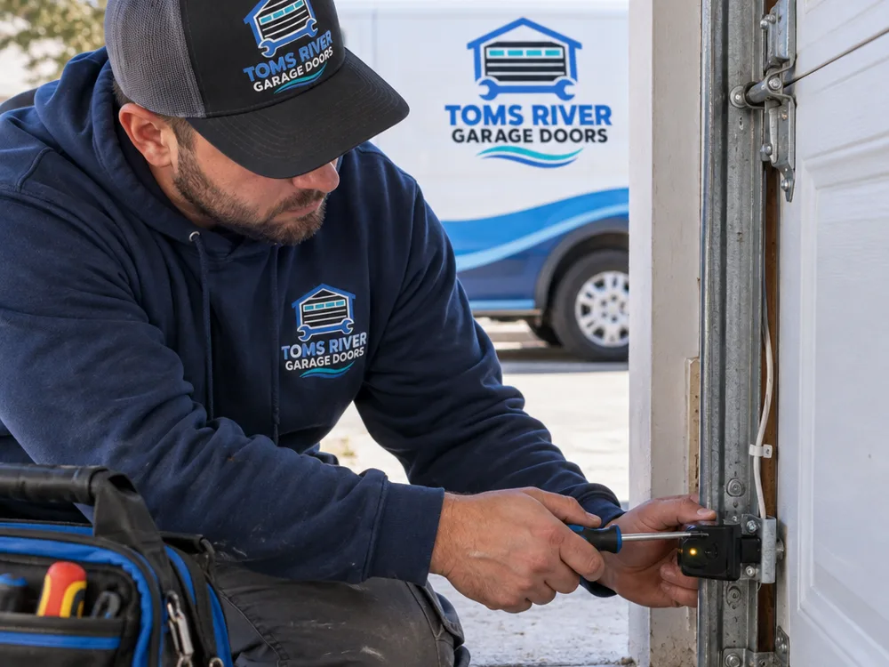 Contractor aligning garage door safety photo eyes and checking wiring near the bottom of the track