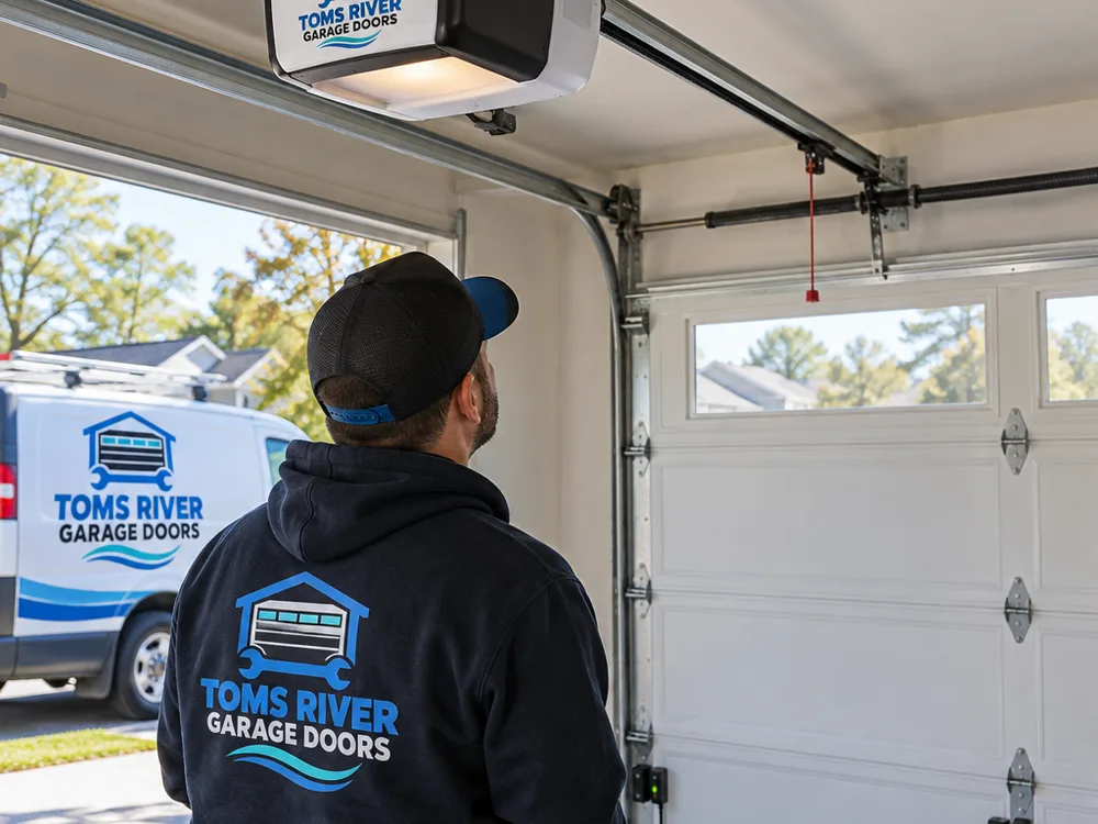 Modern garage door opener with straight rail alignment, tidy sensor wiring, and aligned photo eyes near the floor