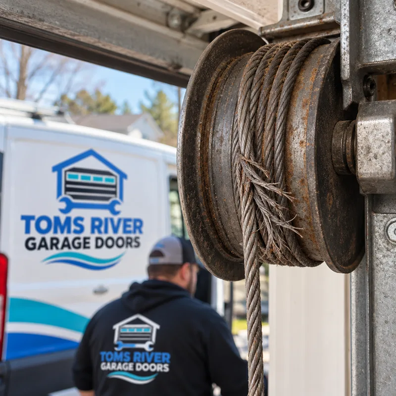 Close-up of a garage door cable running over a drum with frayed strands and surface rust where the cable is beginning to unravel