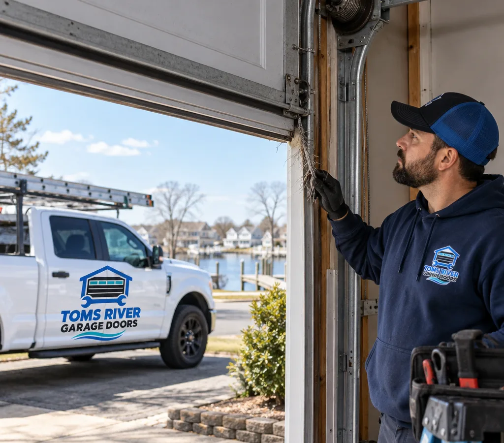 Residential sectional garage door partially open with a frayed lift cable near the bottom bracket while a contractor assesses the cable and drum area