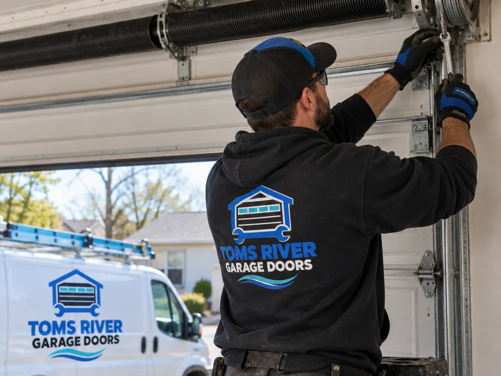 Contractor securing a garage door and inspecting its torsion springs and cable drums