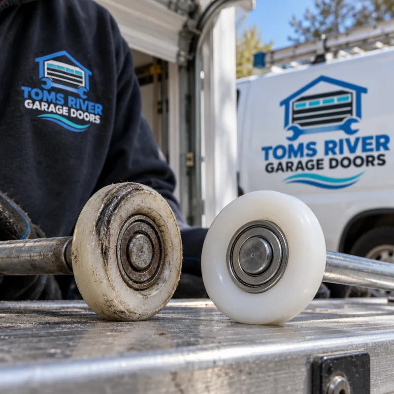 Worn nylon garage door roller beside a new replacement roller