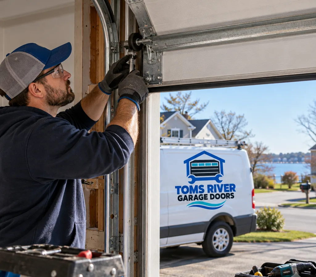 Residential sectional garage door partially open with rollers, hinges, and track visible