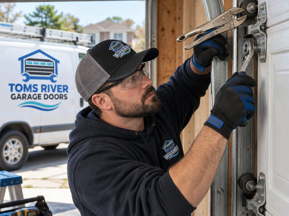 Contractor using hand tools to control a garage door section while accessing rollers and hinges