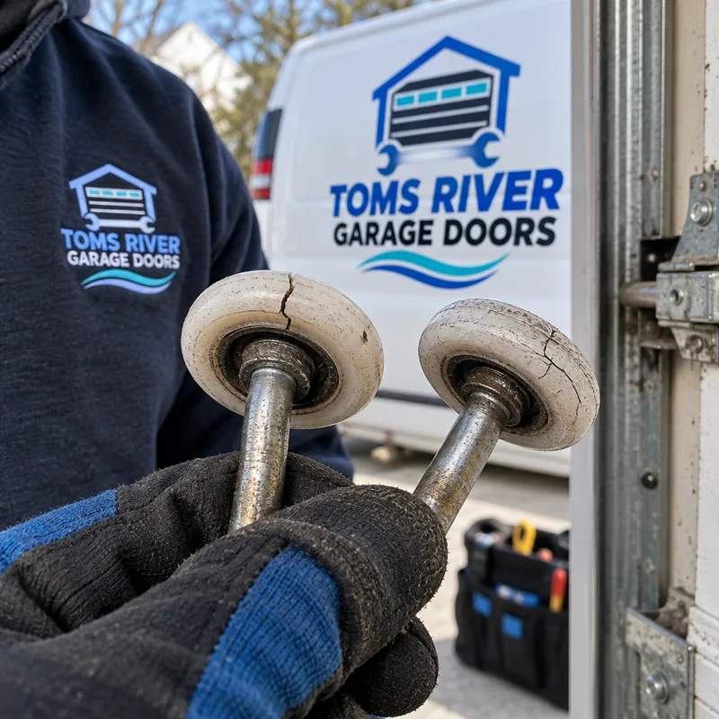 Worn nylon garage door rollers with cracked wheels and a slightly bent roller stem