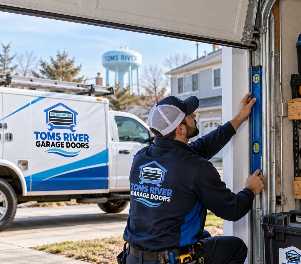 Residential garage door partially open while a contractor checks track alignment at the jamb with a level