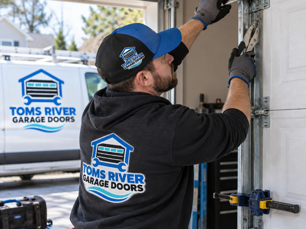 Contractor adjusting garage door track brackets with the door clamped to prevent movement
