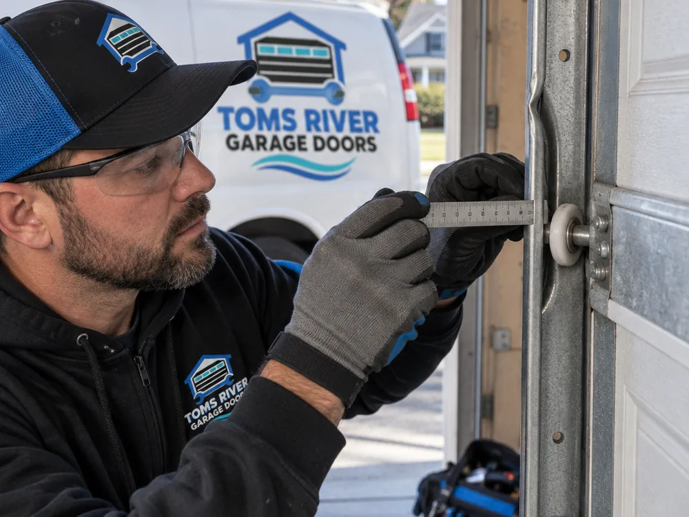 Contractor measuring a garage door track gap and inspecting a bent track lip beside a roller