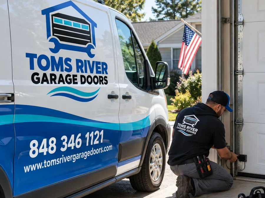 Contractor checking the alignment and wiring of a garage door safety sensor